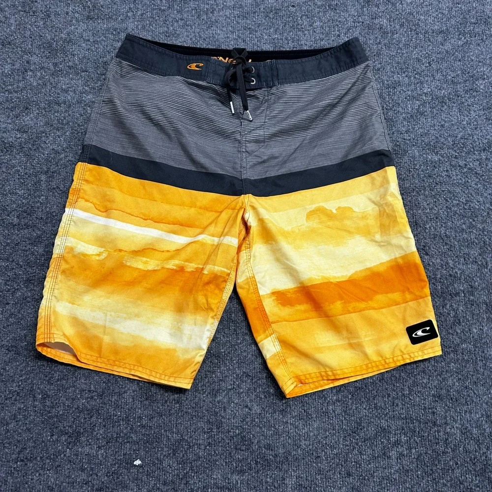 O'Neill Board Shorts Mens Size 32 Orange Grey Watercolor Surf Swim Trunks